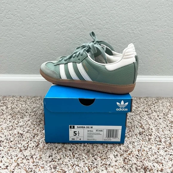 adidas Samba Sneakers in Sage Green with White Stripes and Gum Sole - Picture 2 of 4